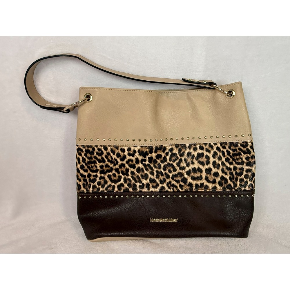 Montana West Leopard Print Colorblock Shoulder Bag Studded Faux Leather